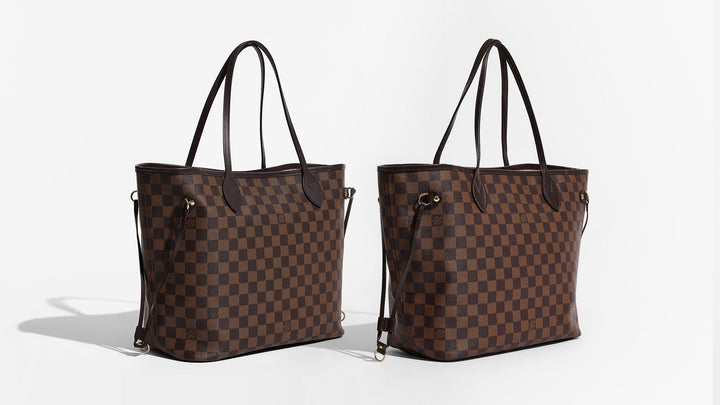 this is an image of an authentic versus fake louis vuitton damier ebene neverfull mm bag by fashionphile