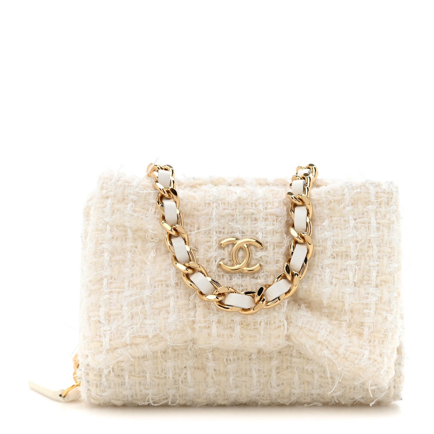 Tweed Quilted Bow Flap Card Holder On Chain White