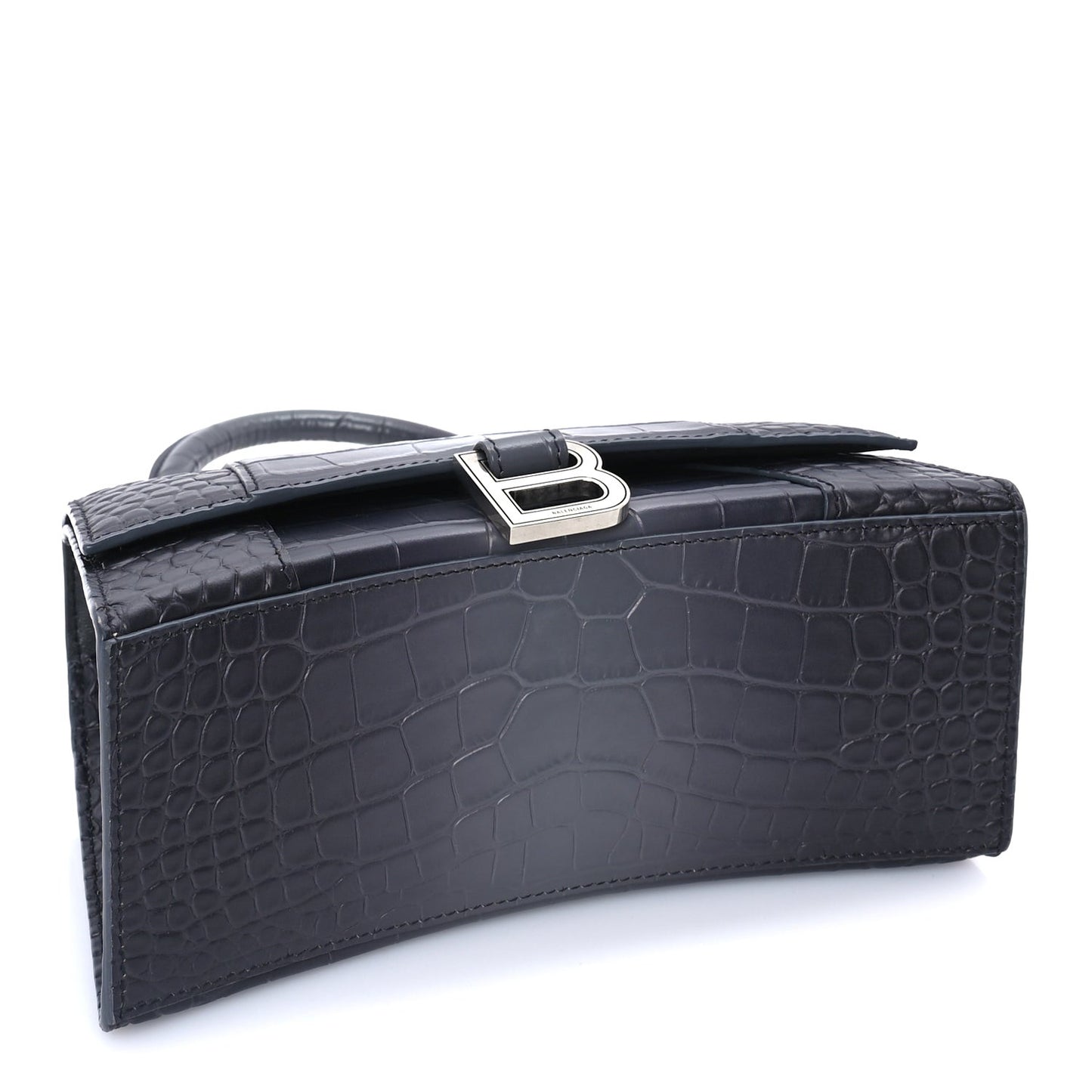 Shiny Calfskin Crocodile Embossed Small Hourglass Top Handle Bag  Dark Grey