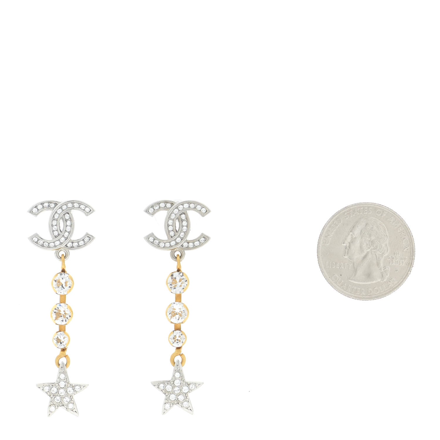 Chanel Crystal Star Drop CC Earrings Silver Gold 2 of 5