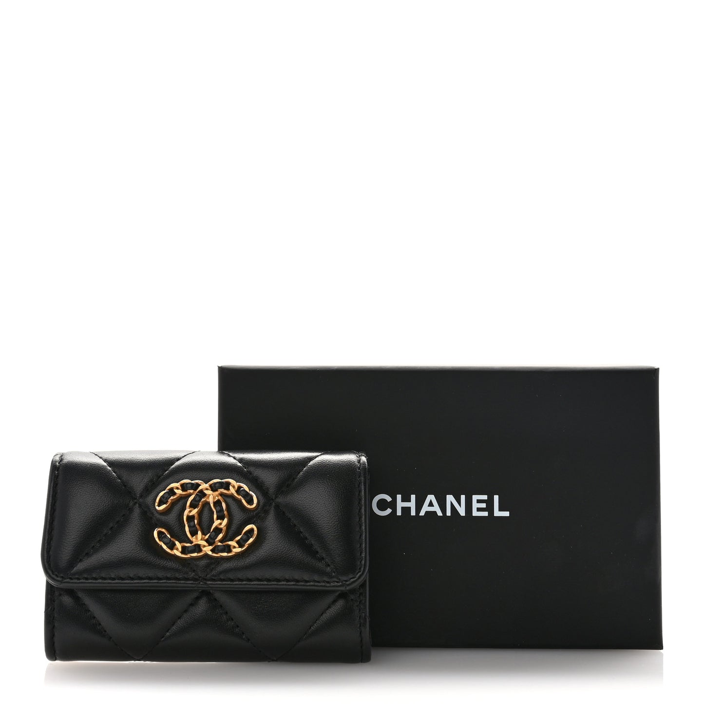 Lambskin Quilted Chanel 19 Flap Card Holder Black