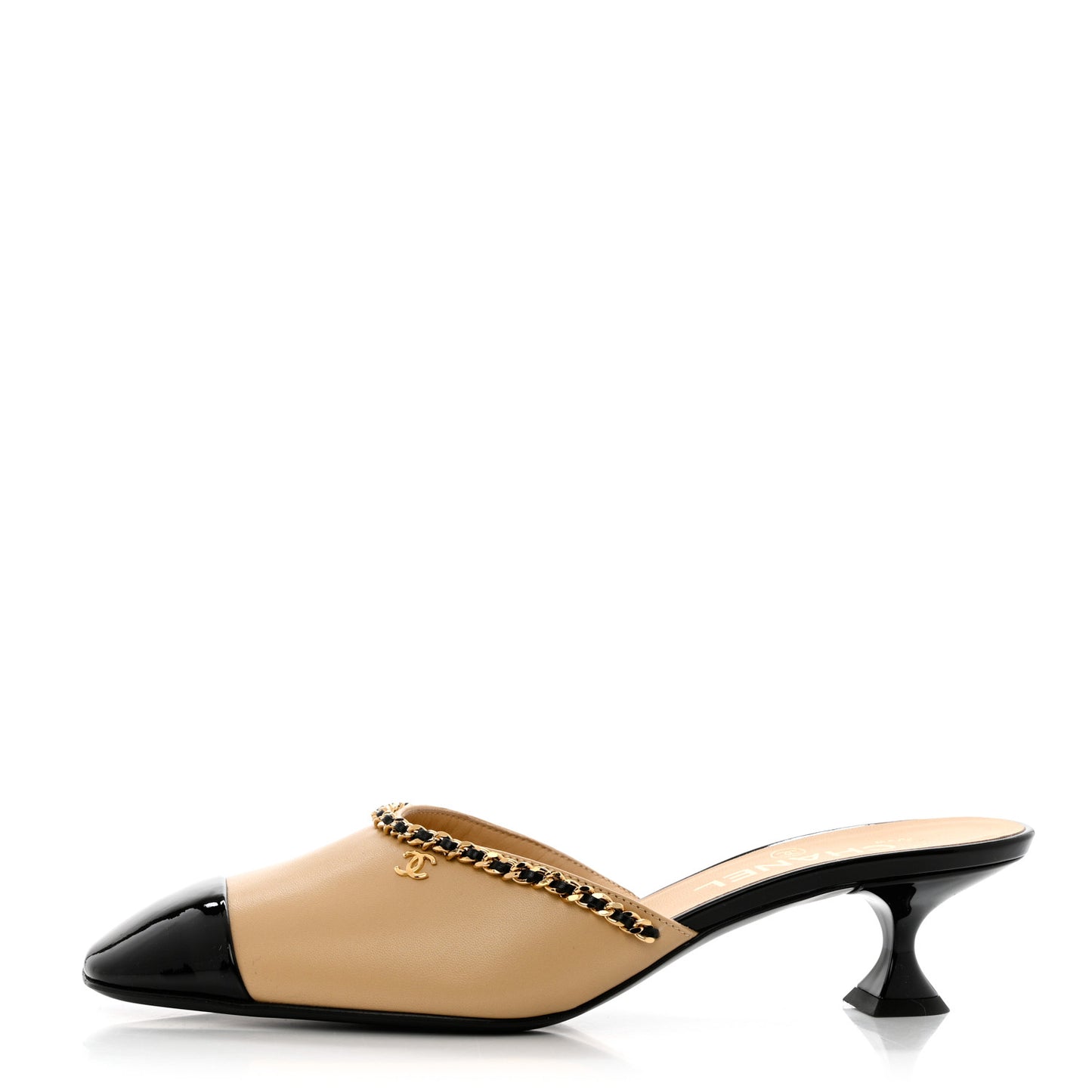 Lambskin Patent Cap Toe Chain Mule 38.5 Beige Black
