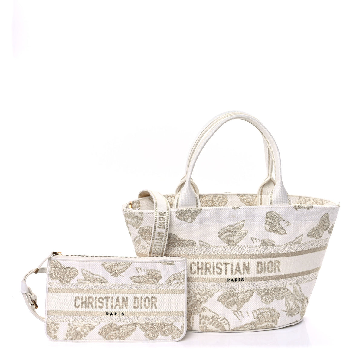 Christian Dior Canvas Embroidered Butterfly Brocart Hat Basket Bag White Gold 2 of 9