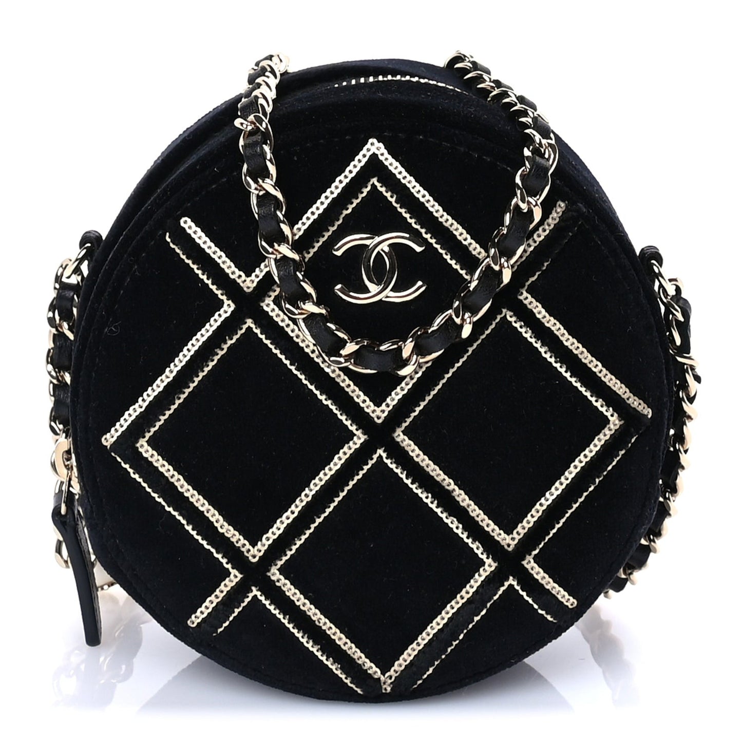 Velvet Sequin Round Clutch With Chain  Black