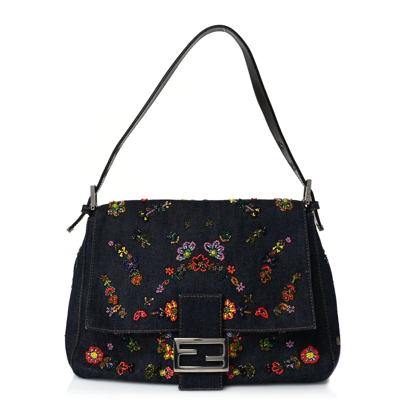 Denim Beaded Mama Baguette Blue