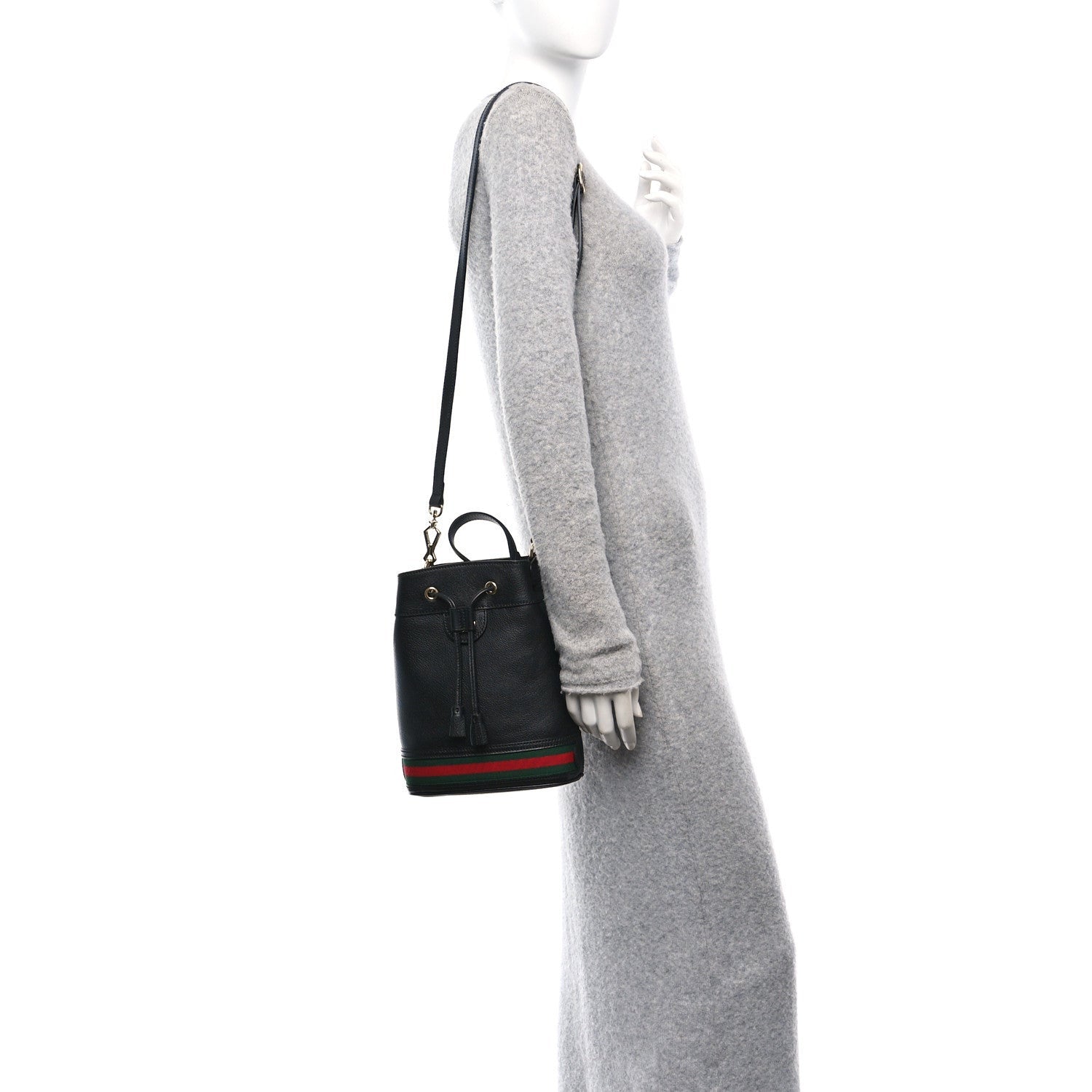Gucci Glazed Textured Calfskin Web Small Ophidia Bucket Bag Black 2 of 7