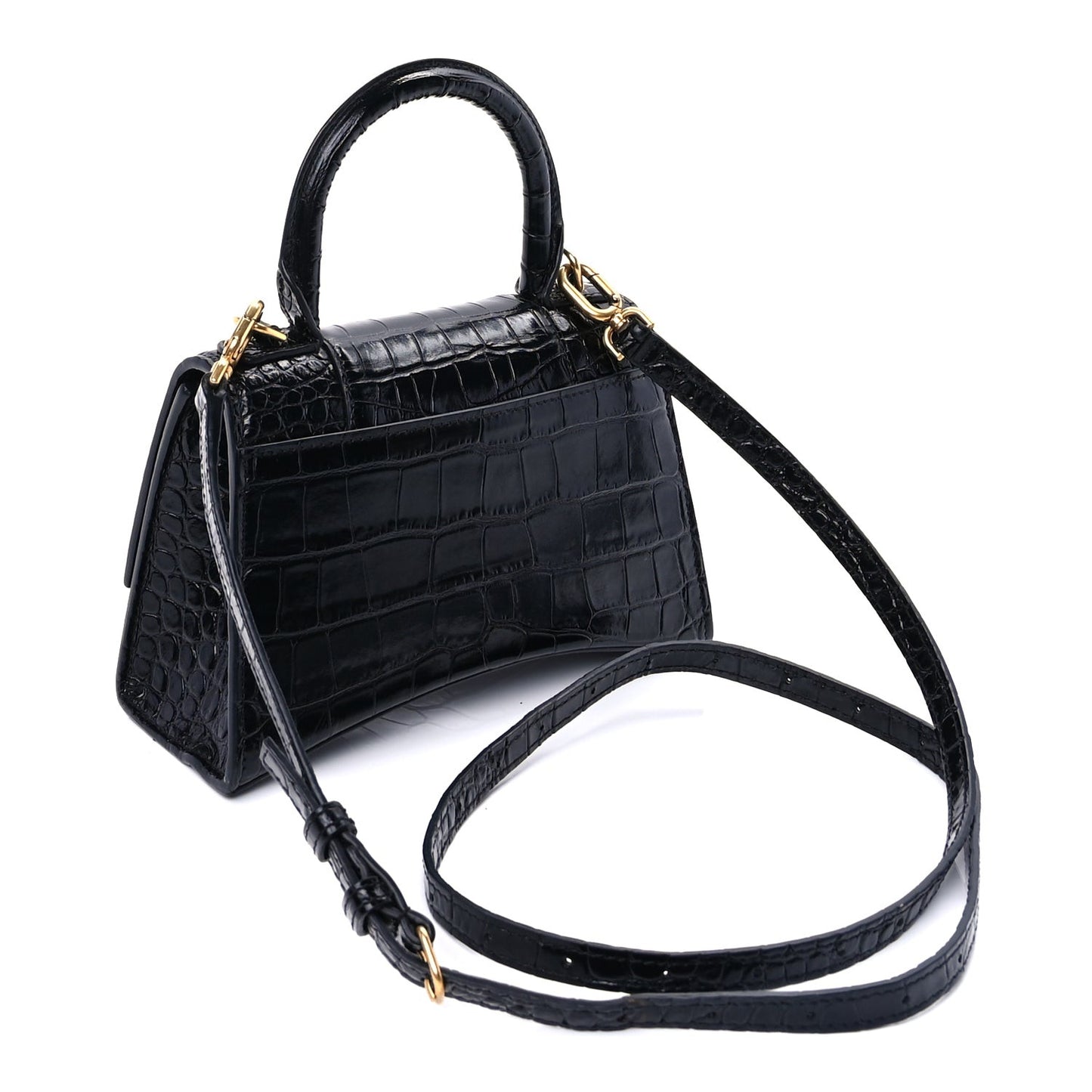Shiny Calfskin Crocodile Embossed Hourglass Top Handle Bag XS  Black