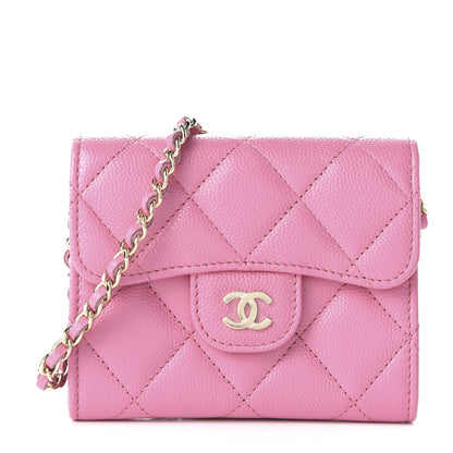 Chanel Caviar Quilted Flap Card Holder On Chain Pink 1 of 11
