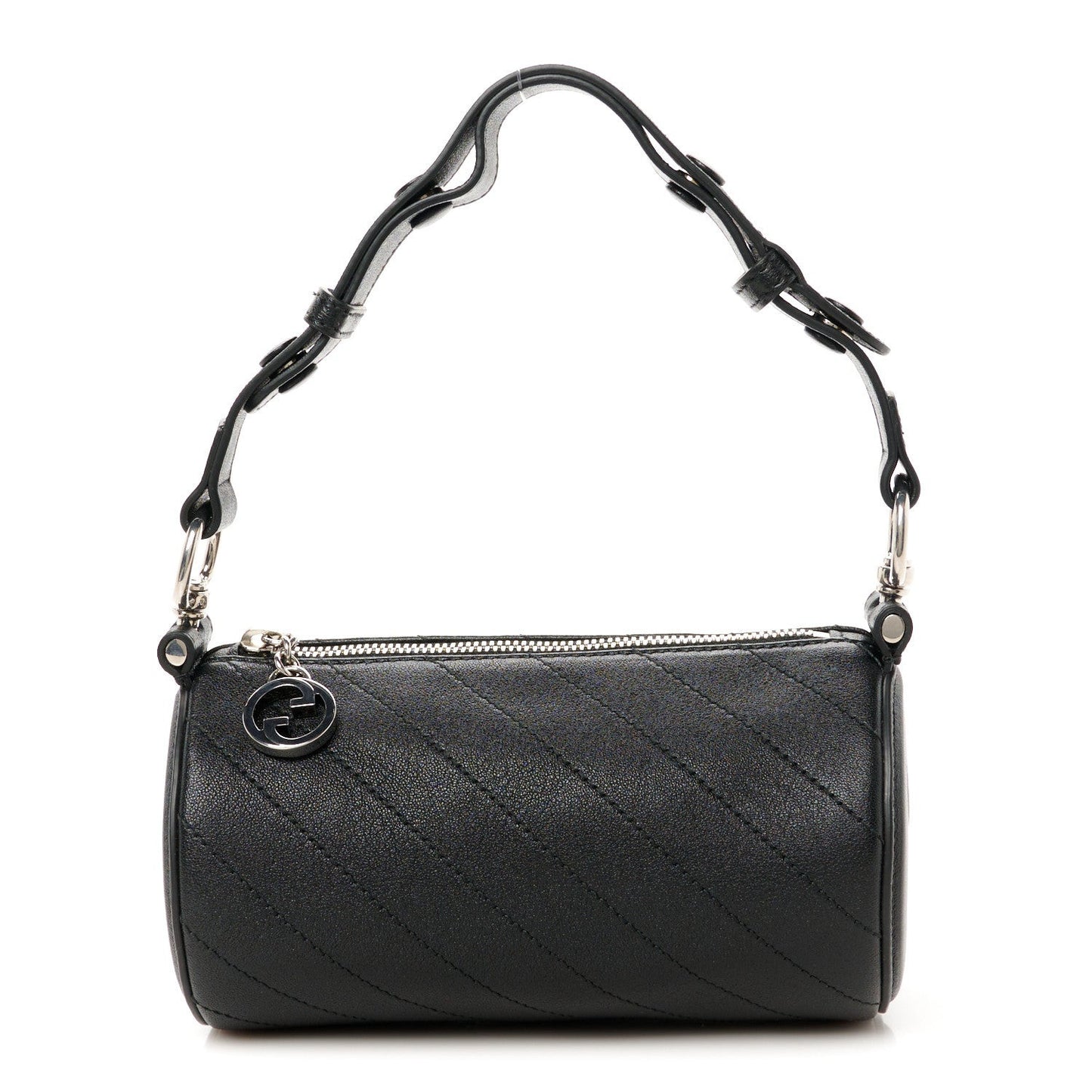 Sakai Be Green Calfskin Diagonal Stitched Mini Blondie Barrel Shoulder Bag Black