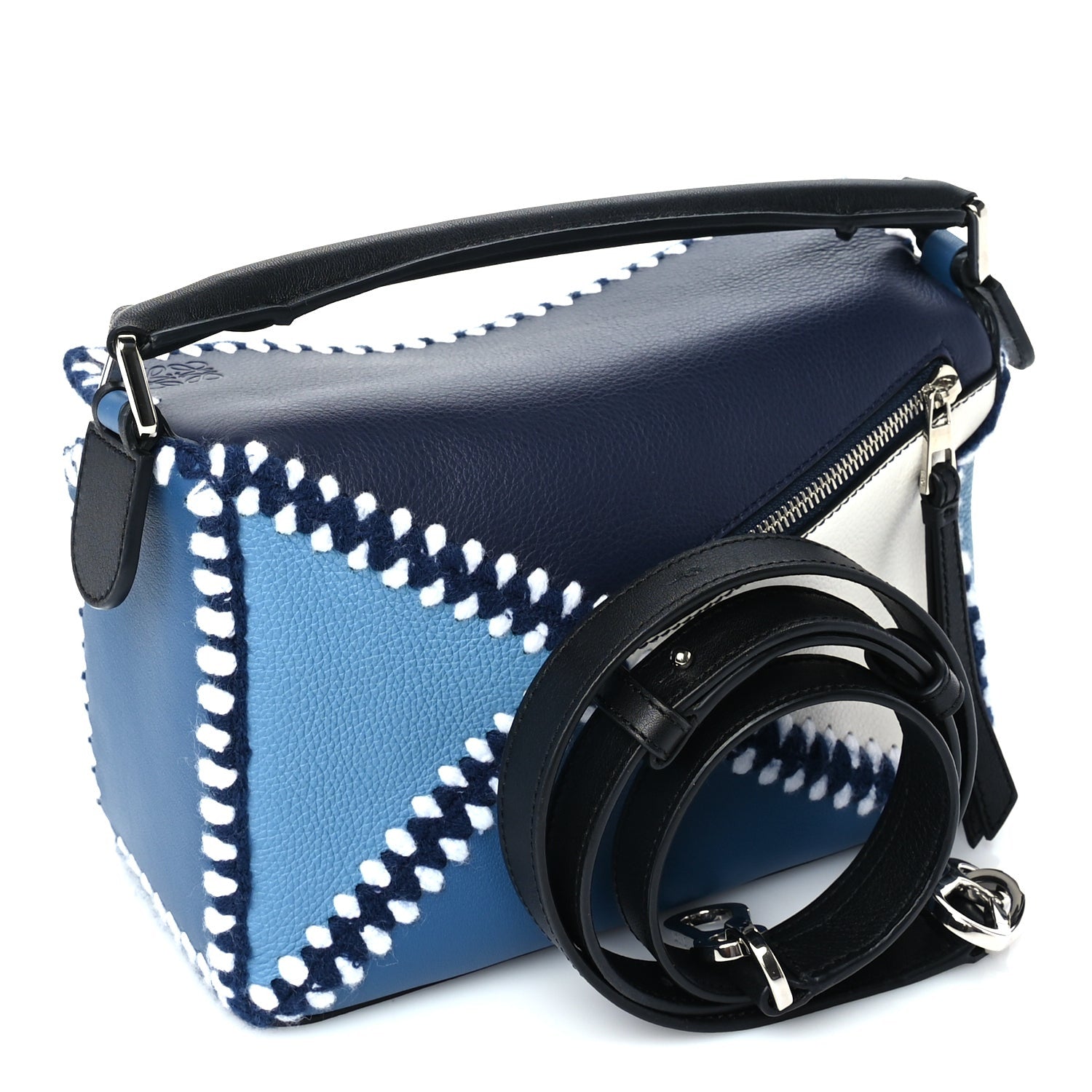 Loewe Calfskin Crochet Trim Small Puzzle Bag Blue White 2 of 8