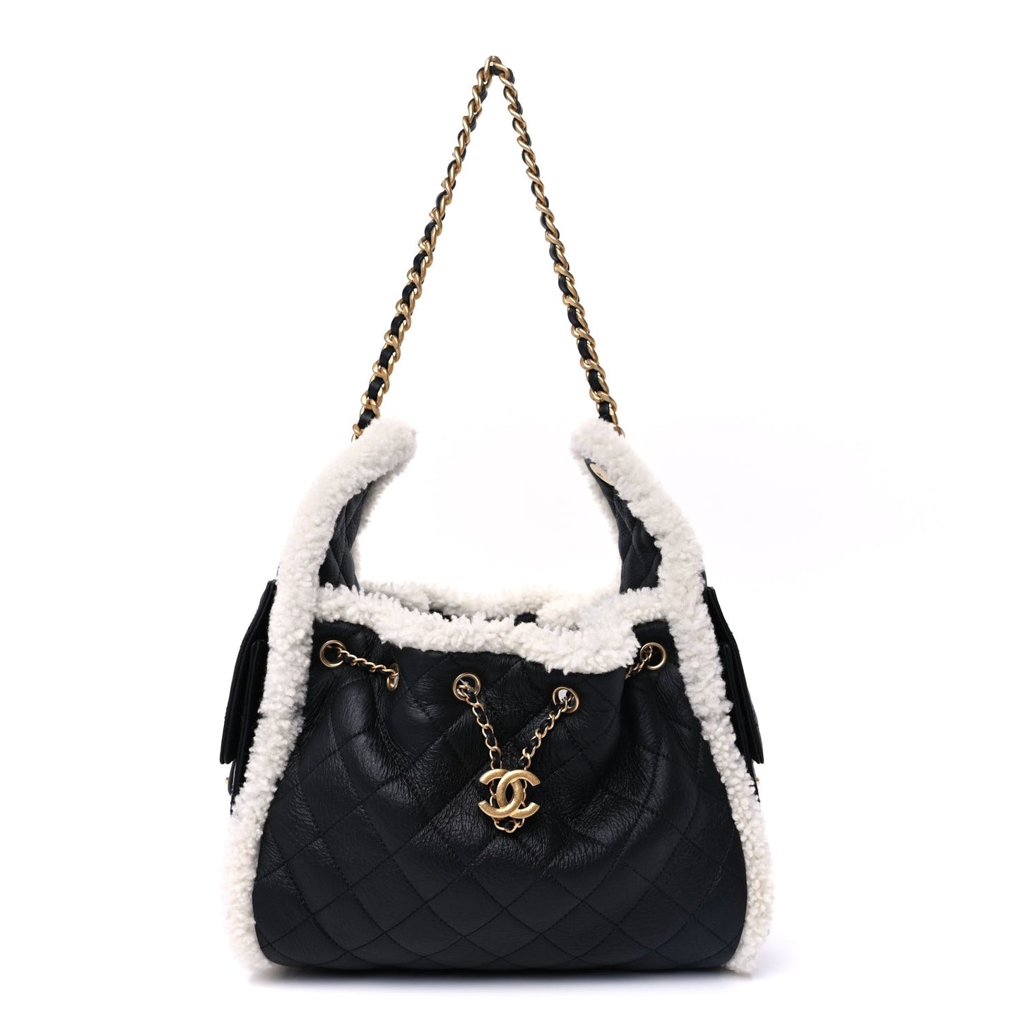Crumpled Sheepskin Shearling Quilted Small  25 Handbag Black White