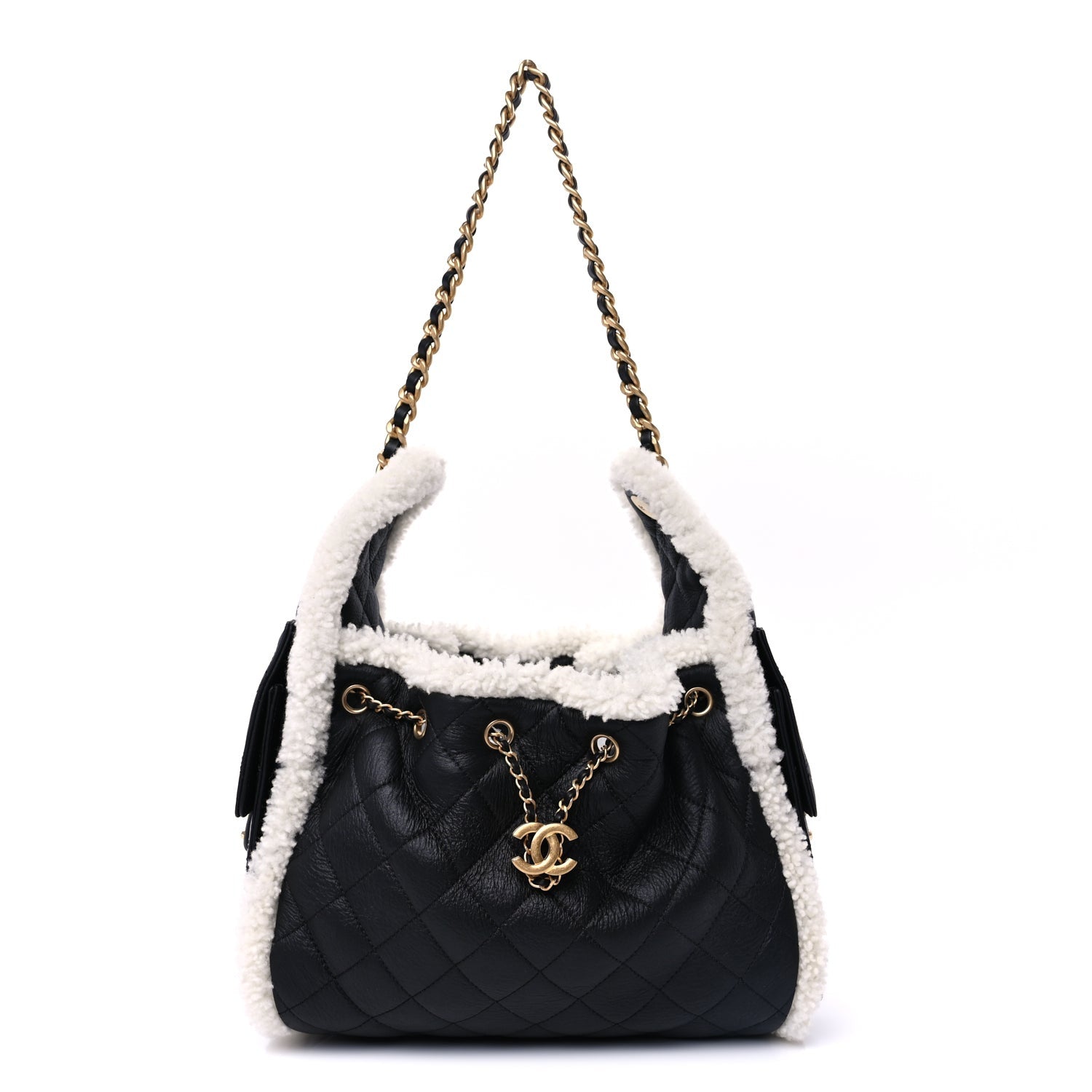 Chanel Crumpled Sheepskin Shearling Quilted Small  25 Handbag Black White 1 of 9