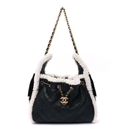 Chanel Crumpled Sheepskin Shearling Quilted Small  25 Handbag Black White 1 of 9