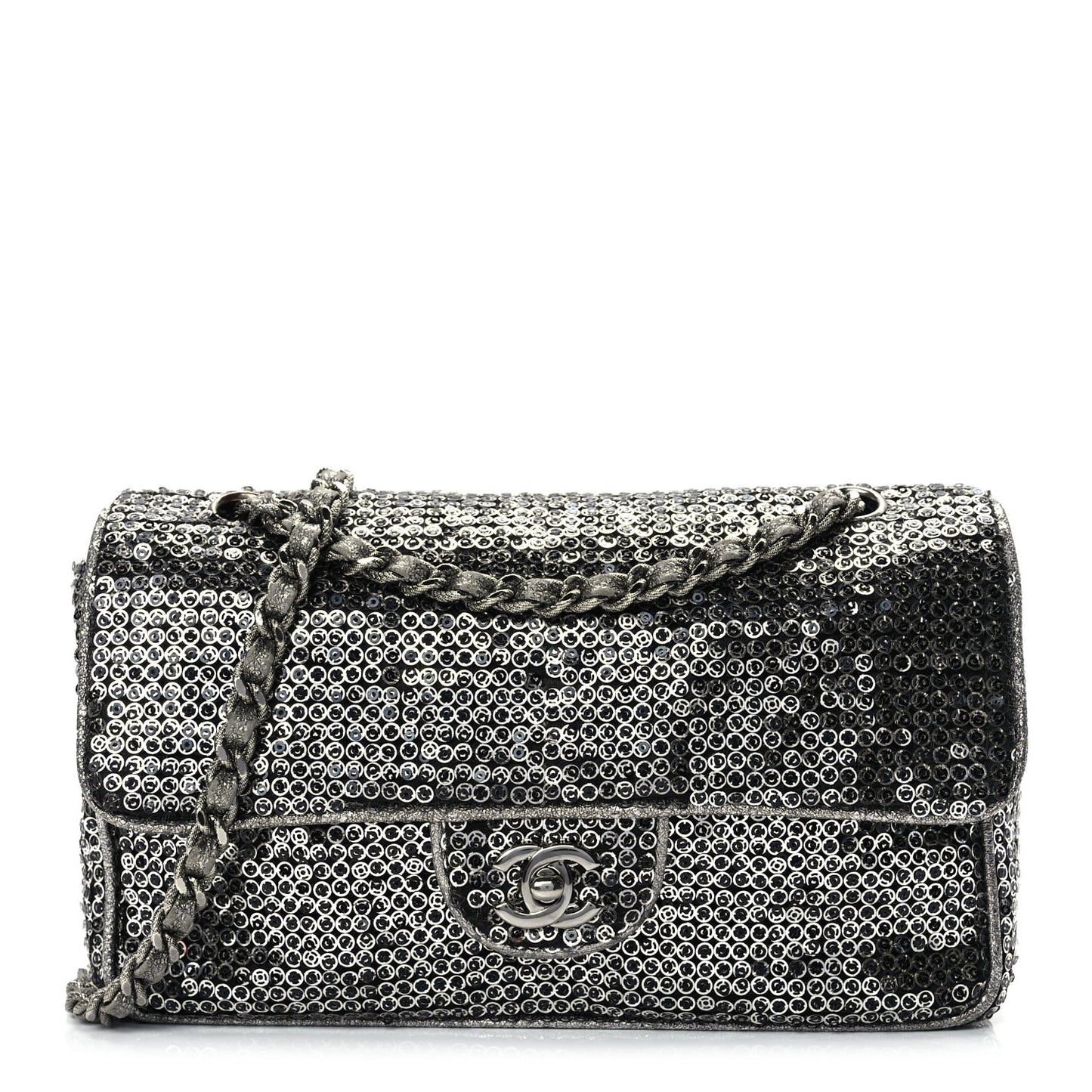 Sequin Medium Single Flap Dark Silver