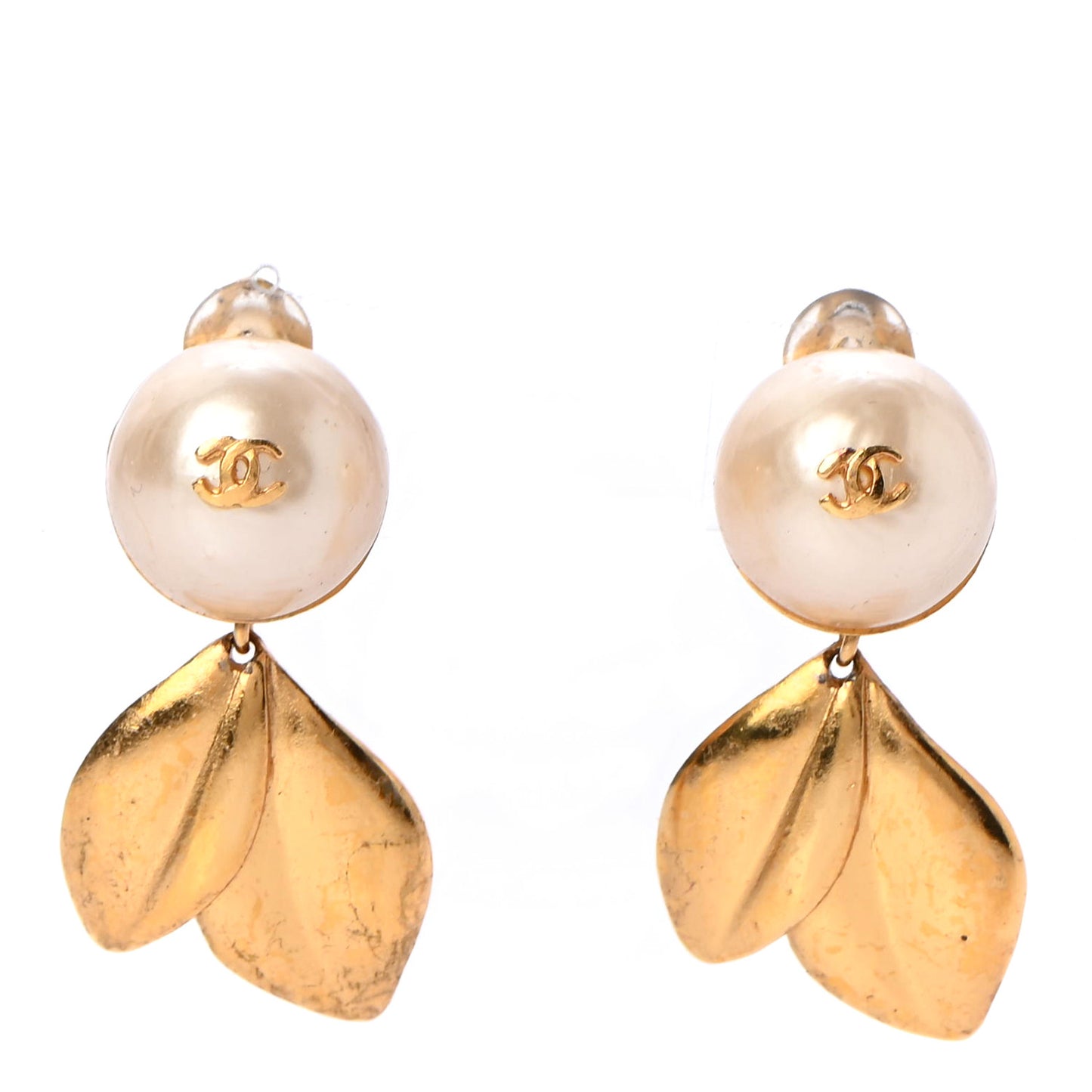 Pearl Leaf CC Clip On Earrings Gold