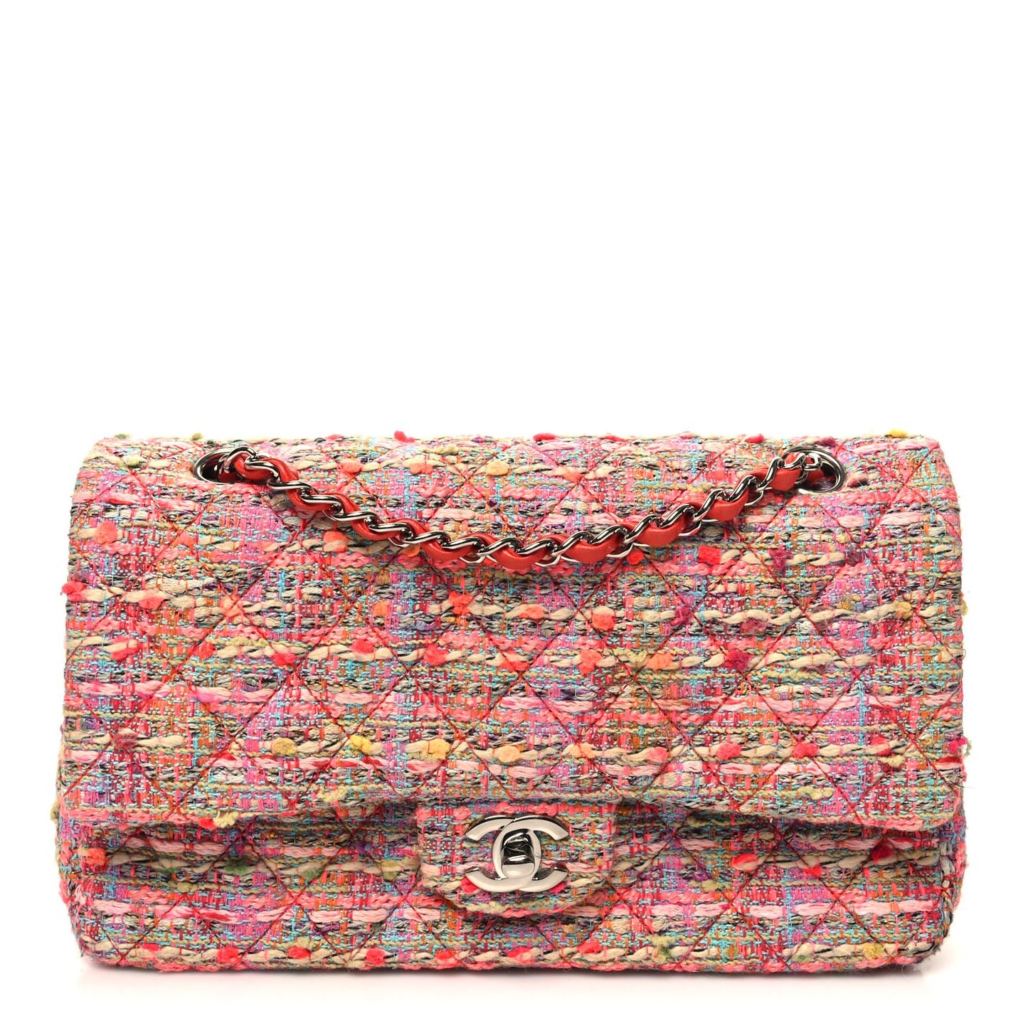 Tweed Quilted Medium Double Flap Pink
