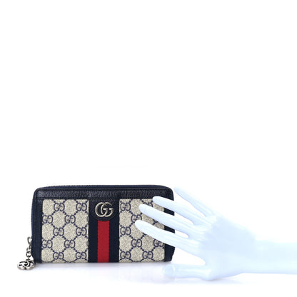 Gucci GG Supreme Monogram Textured Dollar Calfskin Web Ophidia Zip Around Wallet Beige Blue 2 of 7