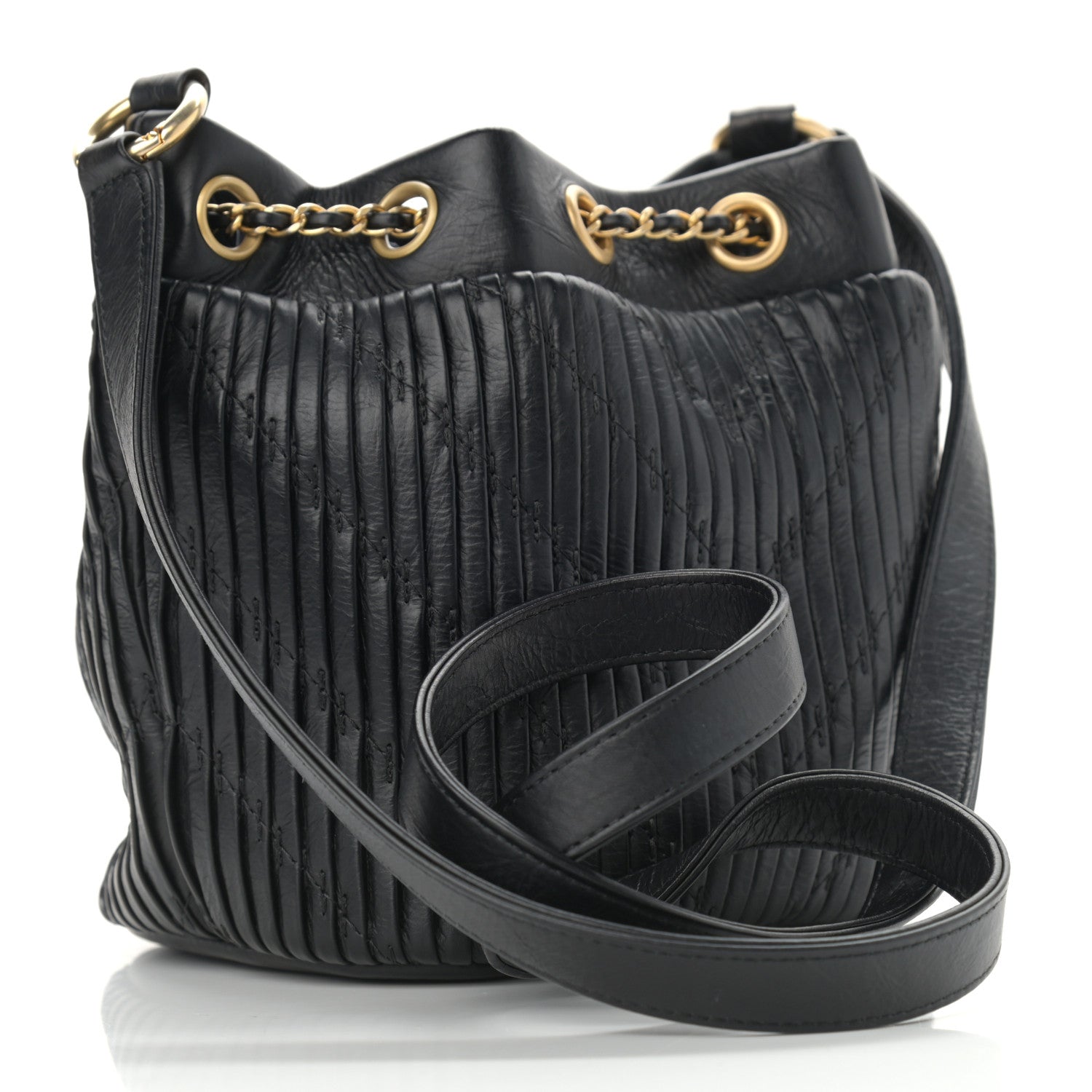 Chanel Iridescent Crumpled Calfskin Coco Pleats Small Drawstring Bag Black 3 of 10