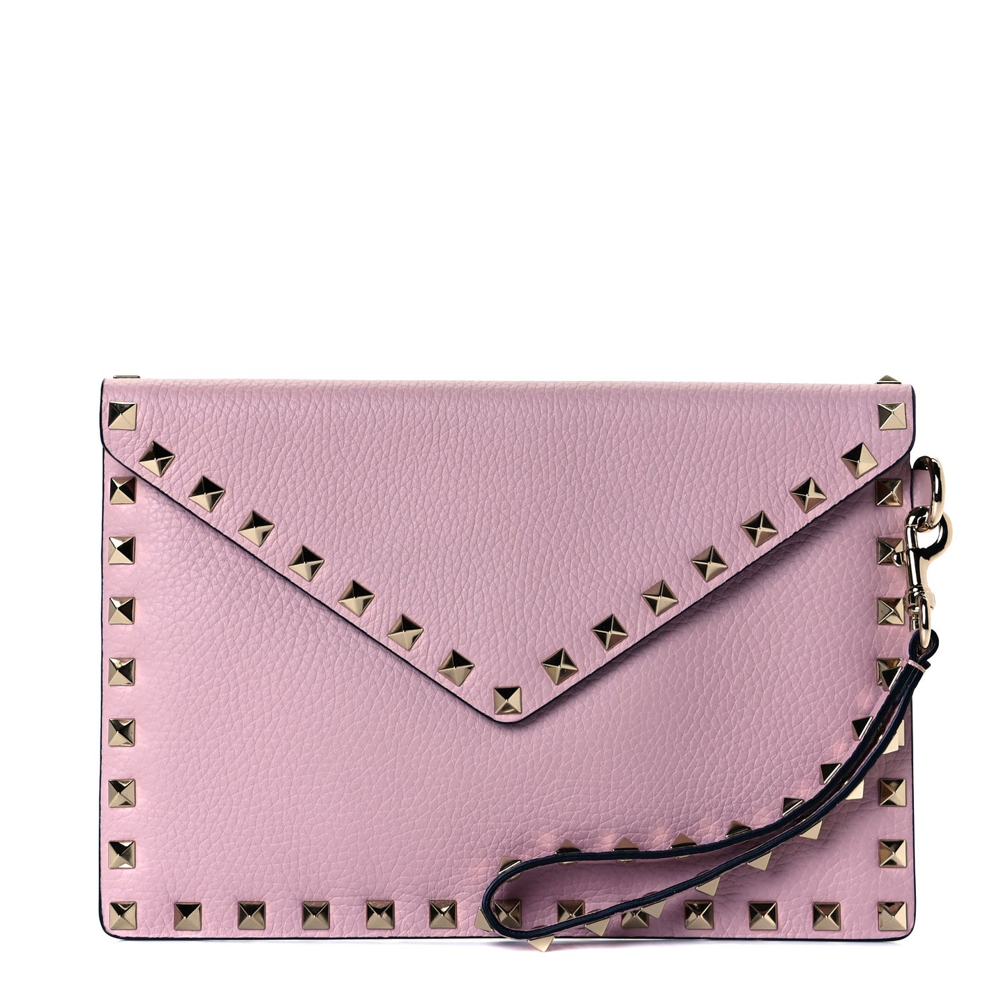 Pebbled Calfskin Medium Rockstud Envelope Flat Wristlet Pouch Water Rose