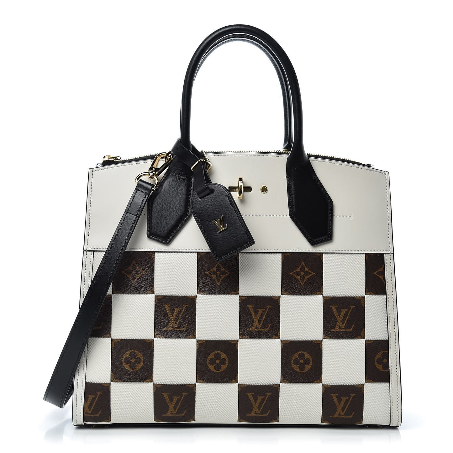 Calfskin Monogram Damier Tressage City Steamer MM Creme