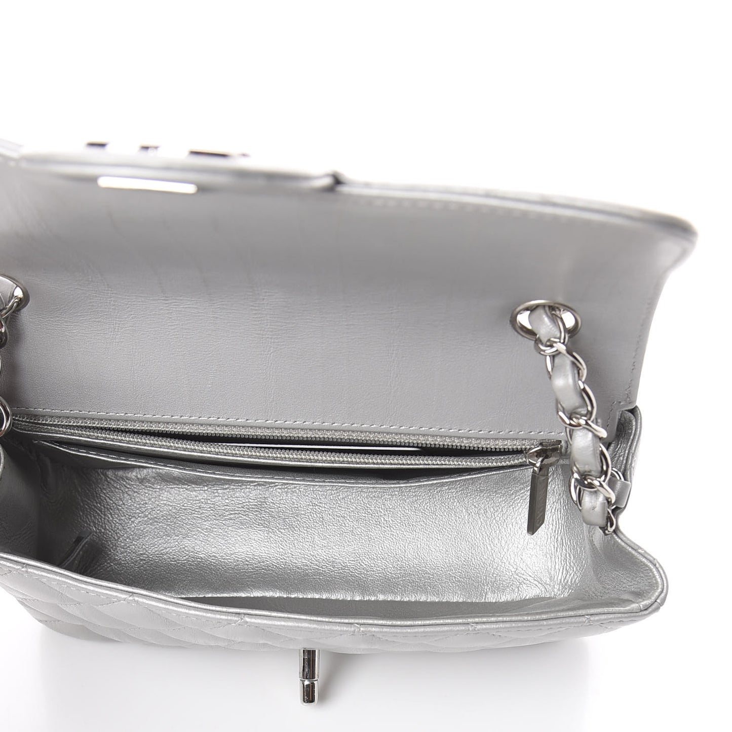 Metallic Lambskin Quilted Mini Rectangular Flap Silver