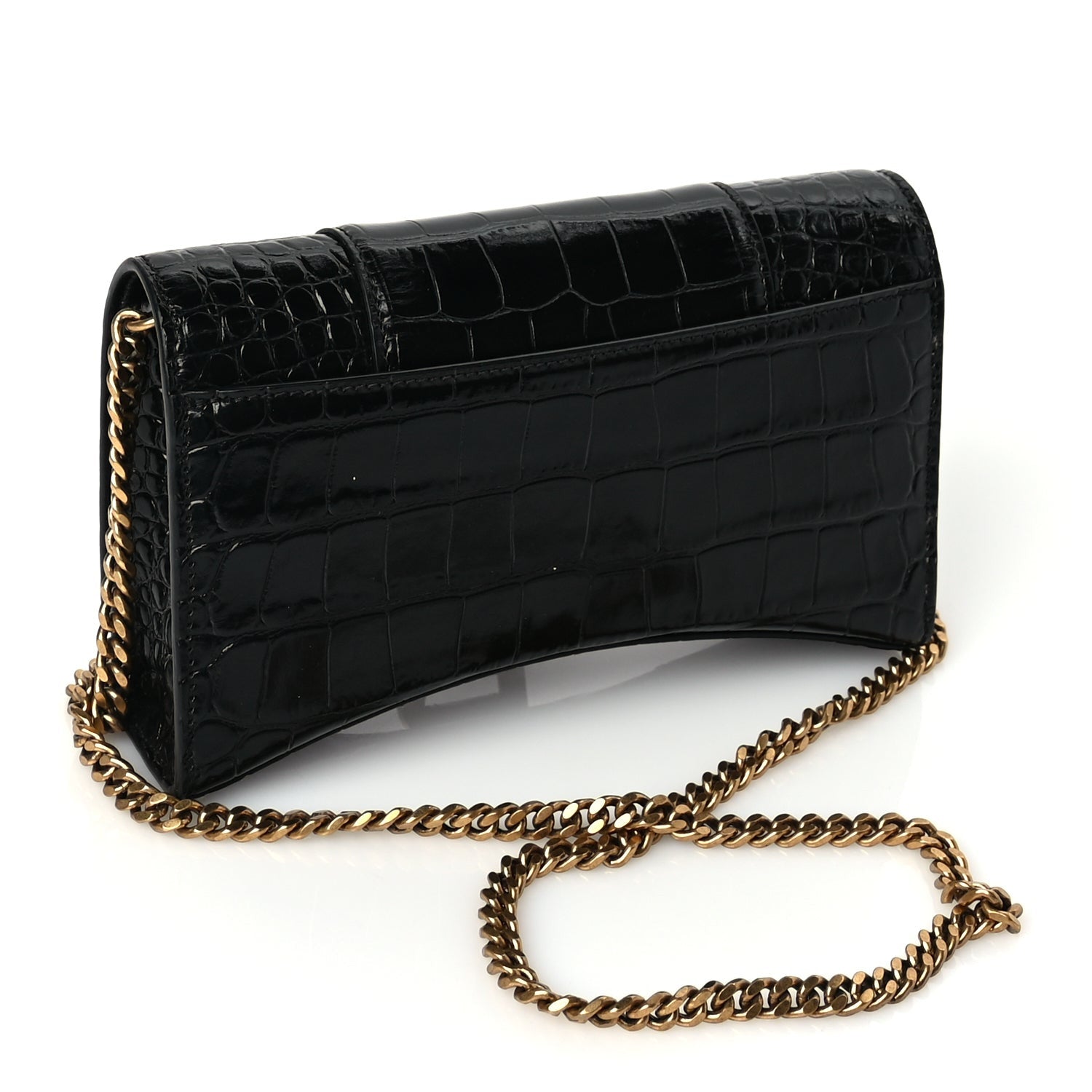 Balenciaga Shiny Calfskin Crocodile Embossed Hourglass Wallet on Chain Black 2 of 8