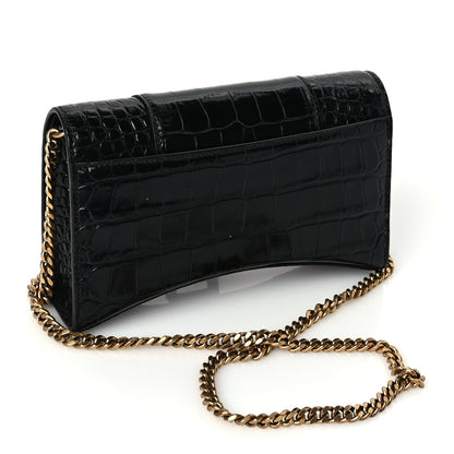 Balenciaga Shiny Calfskin Crocodile Embossed Hourglass Wallet on Chain Black 2 of 8
