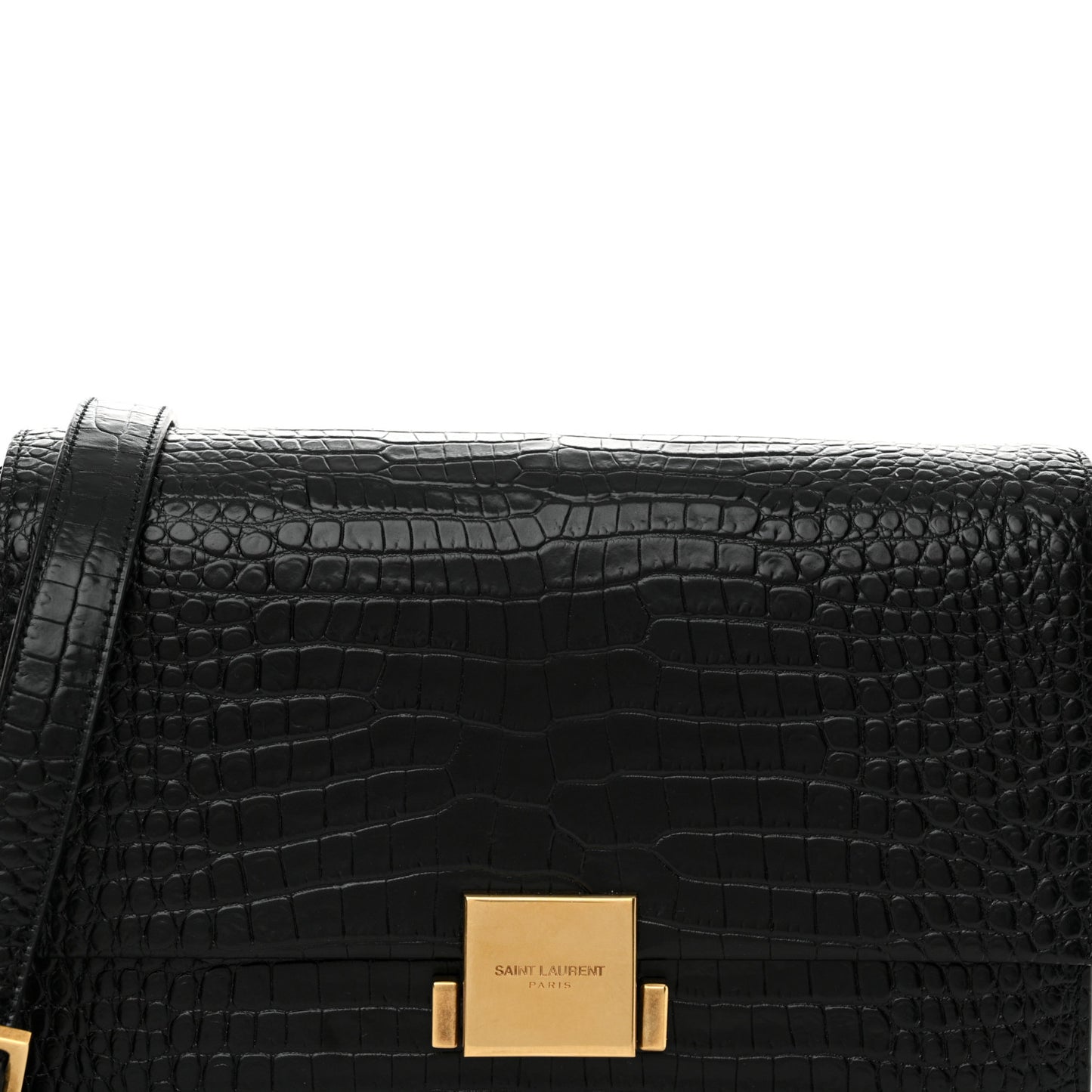 Calfskin Crocodile Embossed Medium Bellechasse Satchel Black