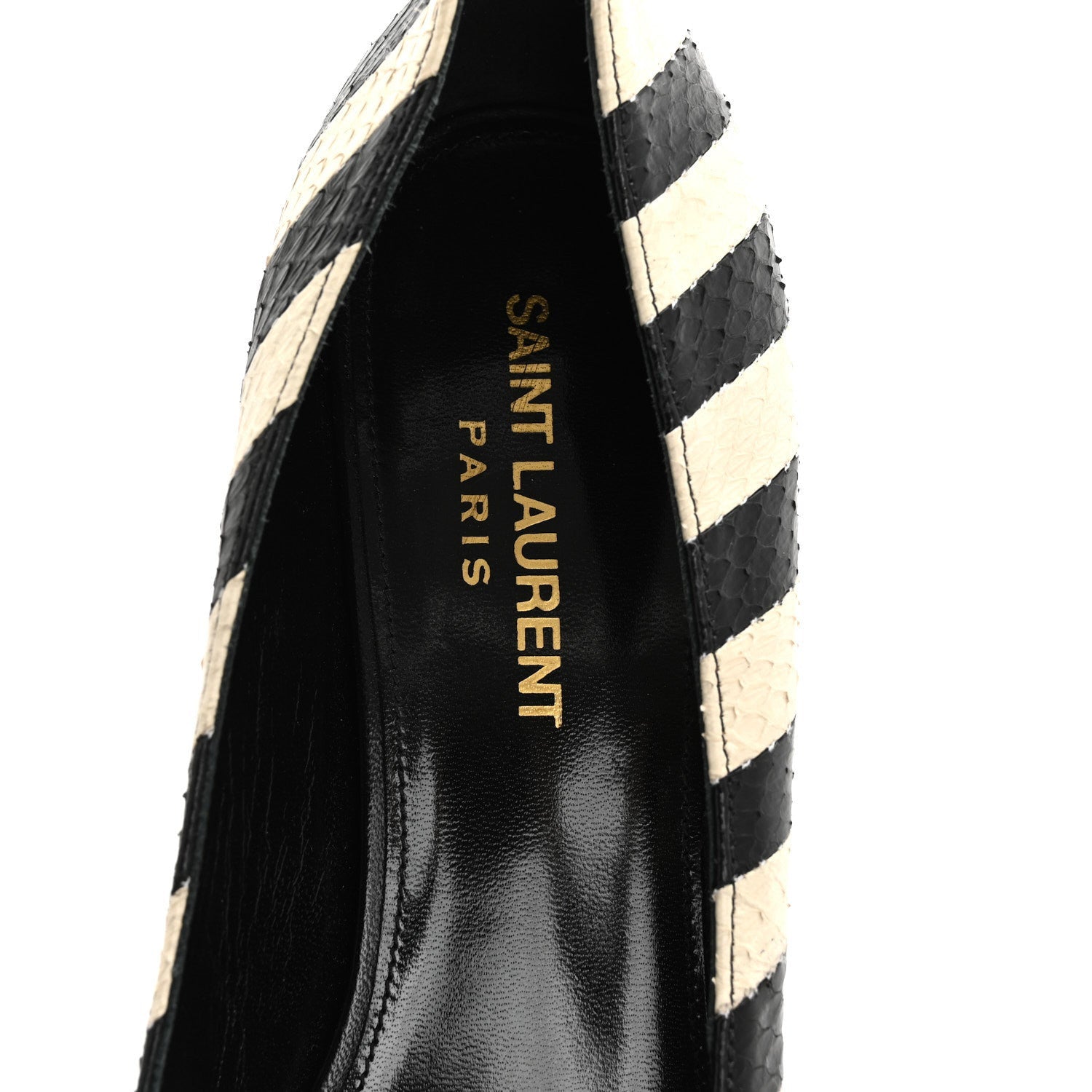 Saint Laurent Elaphe Snakeskin Striped Kiki Kitten Heel Pumps 38.5 Black Off White 7 of 7