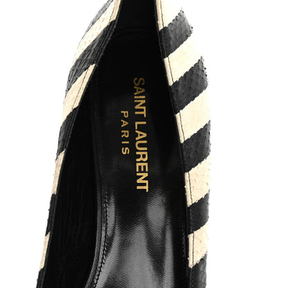 Saint Laurent Elaphe Snakeskin Striped Kiki Kitten Heel Pumps 38.5 Black Off White 7 of 7