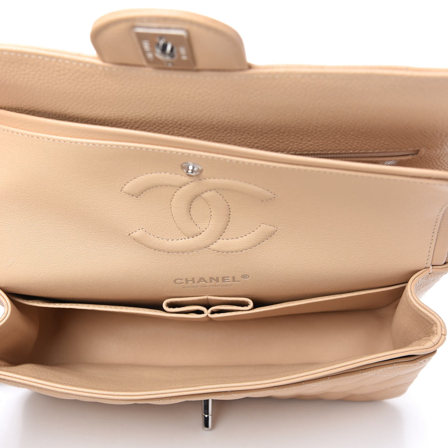 Caviar Quilted Medium Double Flap Beige