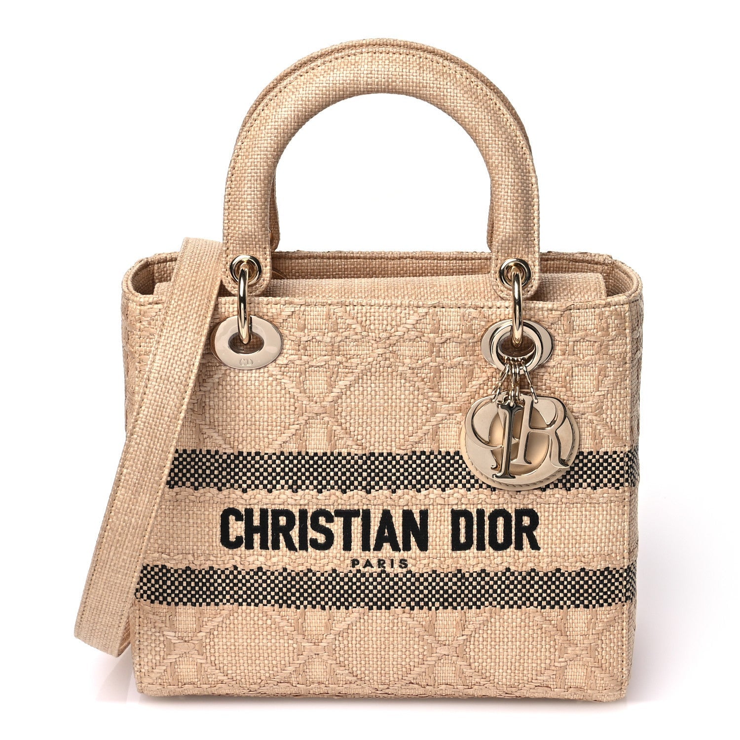 Christian Dior Raffia Woven Cannage Embroidered Medium Lady D-Lite Natural Black 1 of 1