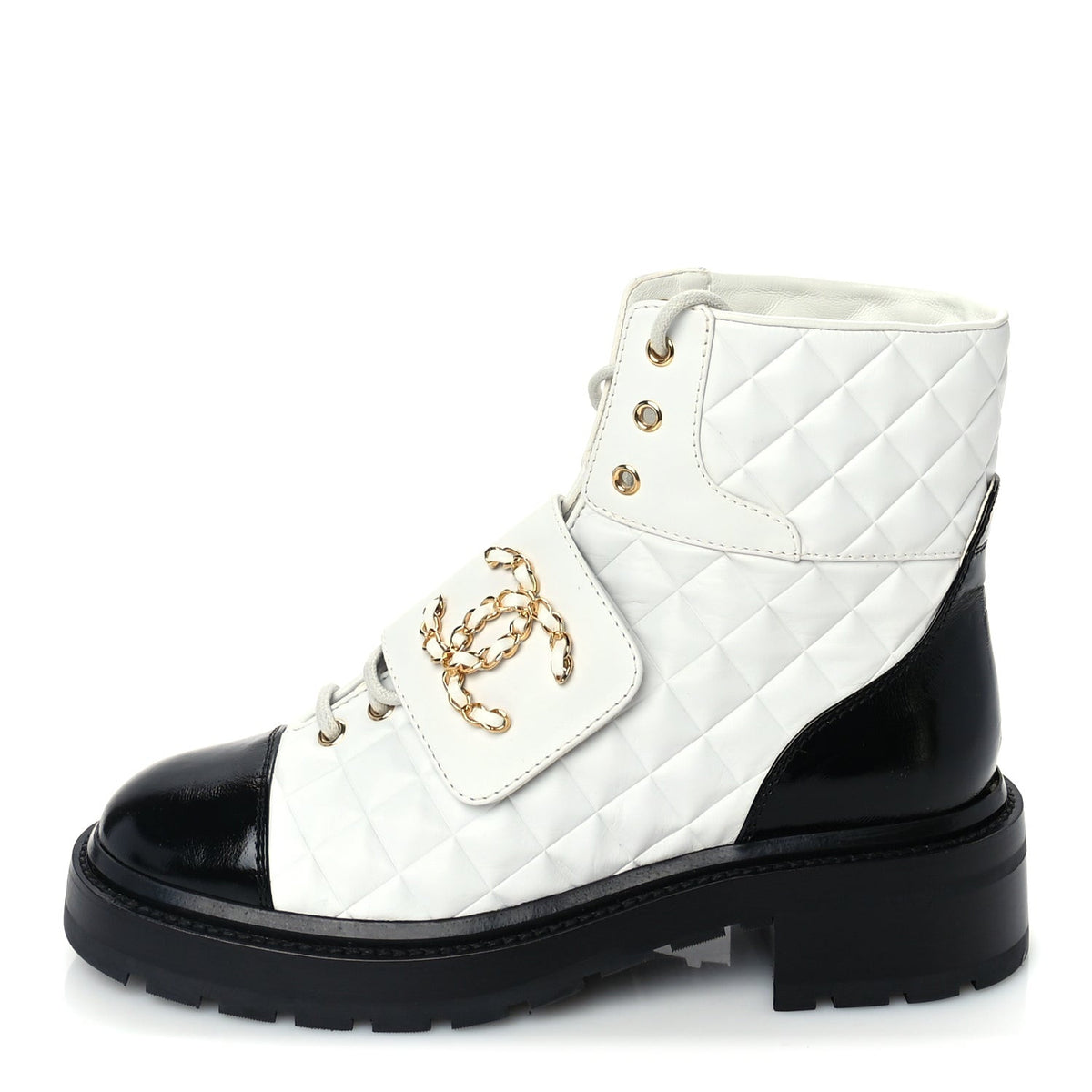 Chanel Shiny Goatskin Calfskin Quilted Lace Up Combat Boots  39 Ivory Black 1 of 7