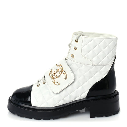 Chanel Shiny Goatskin Calfskin Quilted Lace Up Combat Boots  39 Ivory Black 1 of 7