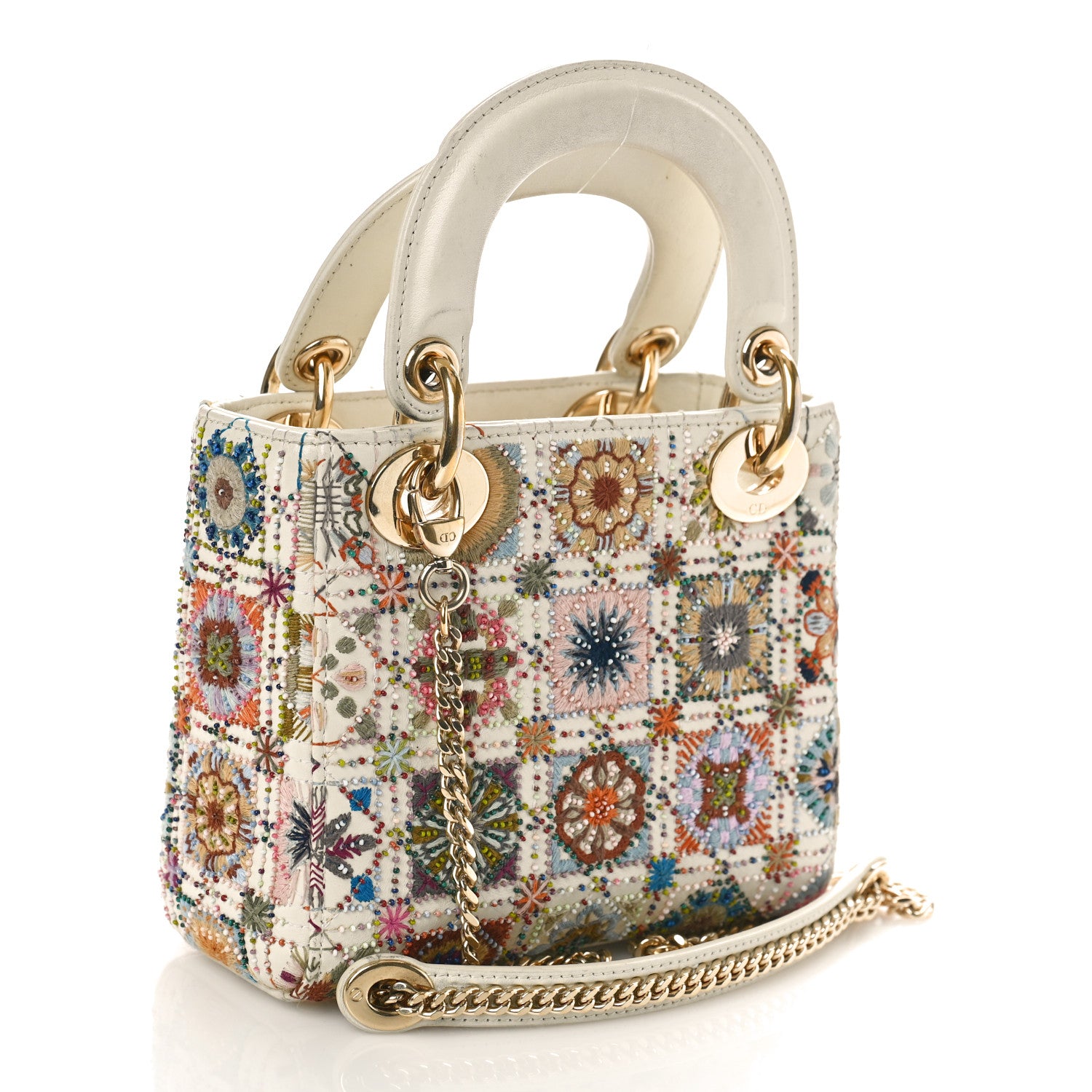 Christian Dior Calfskin Embroidered Beaded Geometric Cannage Mini Lady Dior White Multicolor 2 of 13