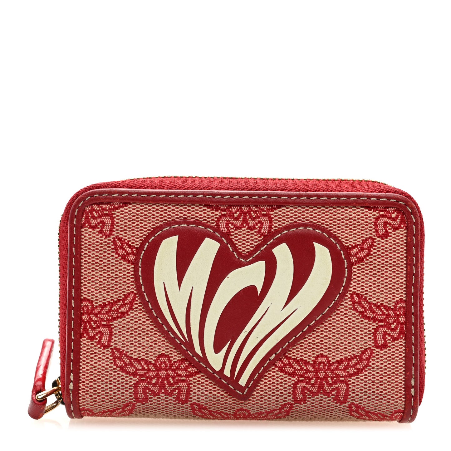 Lauretos Jacquard Monogram Mini Heart Zip Around Wallet Red White