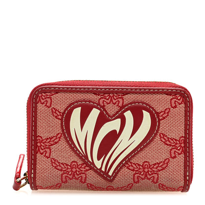 MCM Lauretos Jacquard Monogram Mini Heart Zip Around Wallet Red White 1 of 6