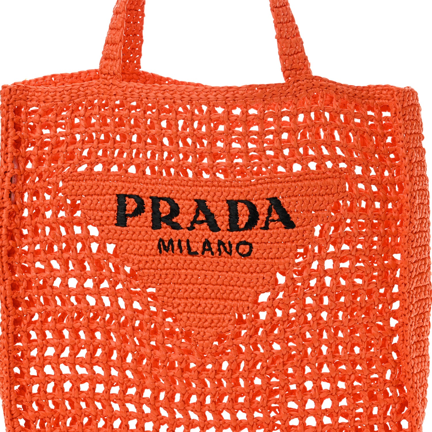Prada Yarn Raffia Effect Crochet Logo Embroidered Tote Bag Arancio 7 of 9