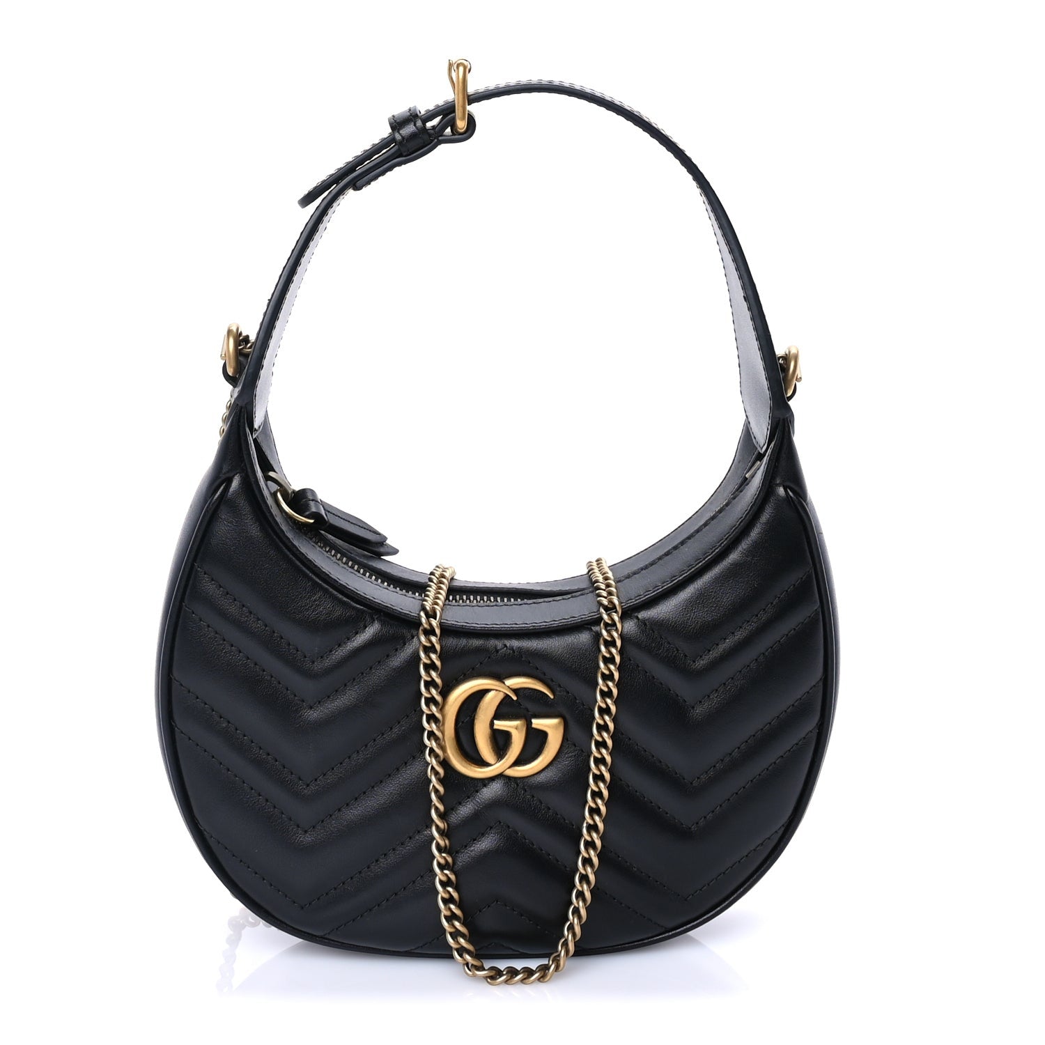 Gucci Calfskin Matelasse Chevron Mini GG Marmont Half Moon Hobo  Black 1 of 7