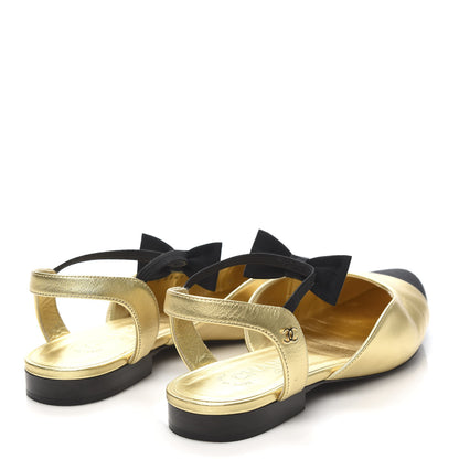 Chanel Laminated Lambskin Grosgrain Cap Toe Bow Flats 38.5 Gold Black 4 of 10