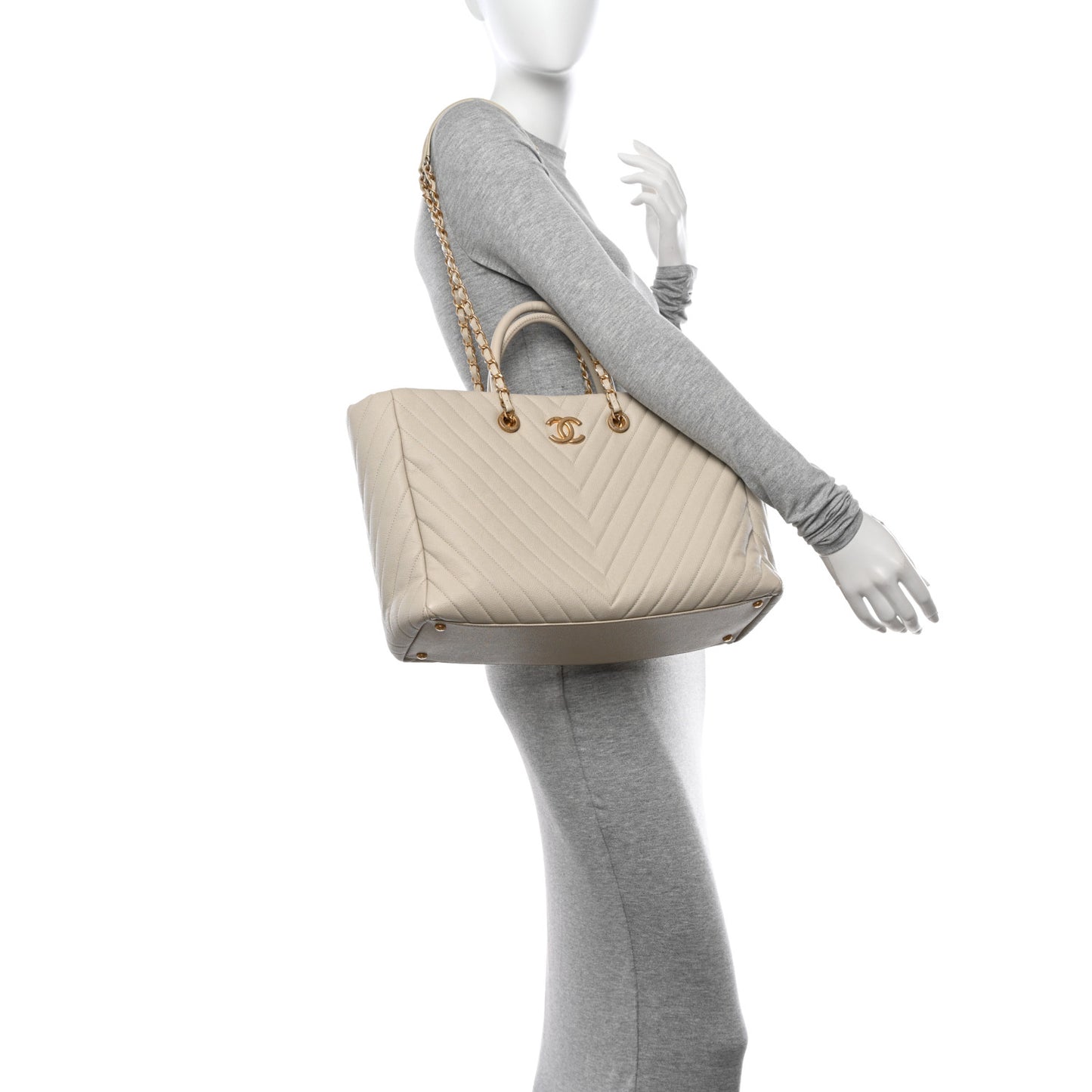 Caviar Chevron Quilted Coco Handle Shopping Tote Ivory