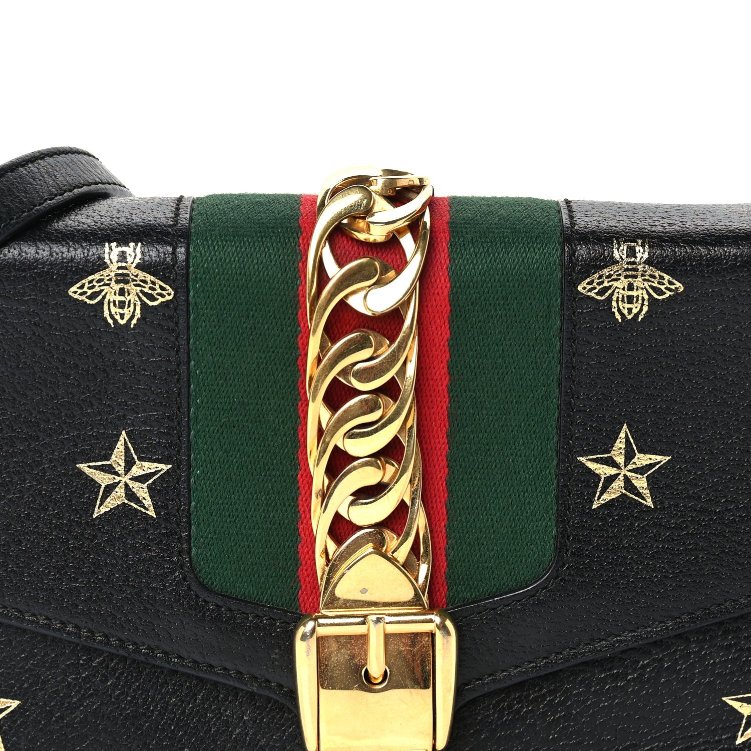 Gucci Textured Calfskin Bee Star Print Small Sylvie Shoulder Bag Black 6 of 8