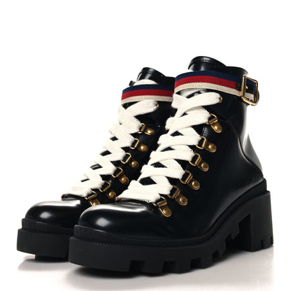 Gucci Calfskin Sylvie Web Lace Up Combat Boots 35 Black 4 of 7