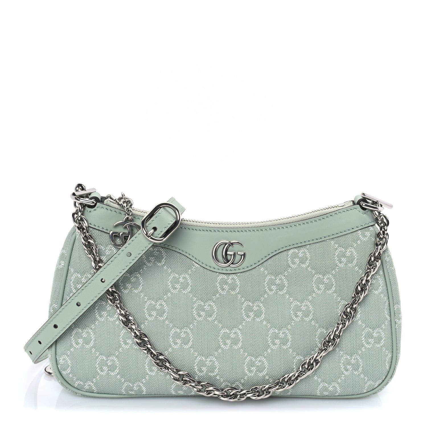 Gucci Denim GG Monogram Calfskin Small Shoulder Bag Pale Green 2 of 9