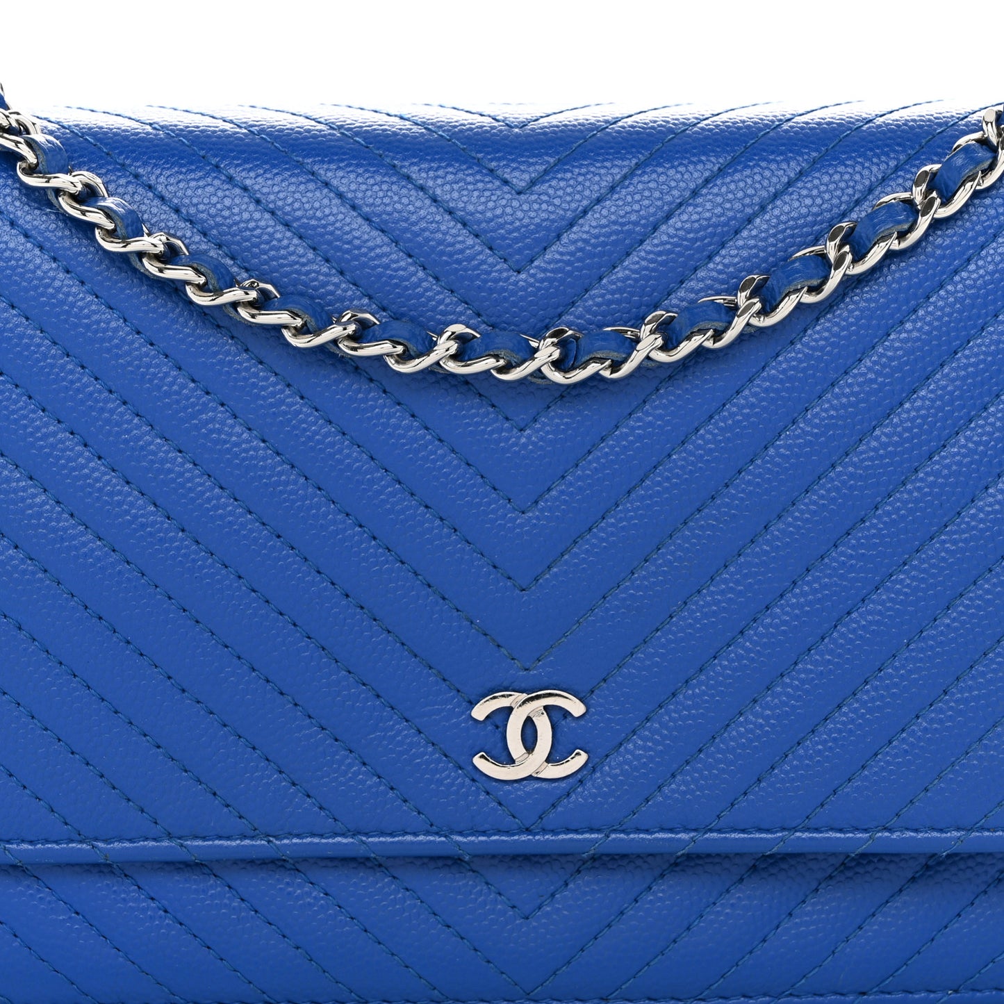 Caviar Chevron Quilted Wallet On Chain WOC Bright Blue