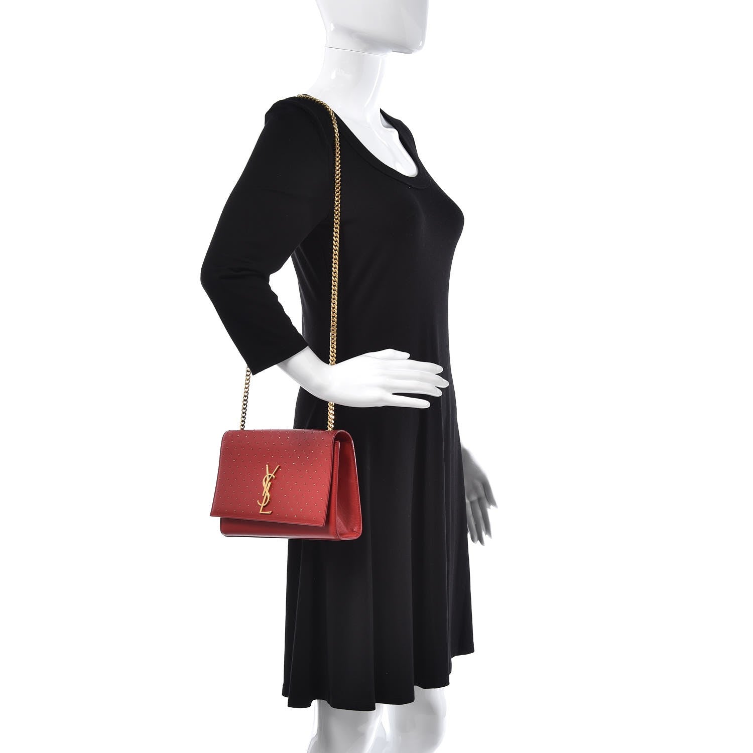 Saint Laurent Calfskin Studded Medium Monogram Satchel Red 2 of 9