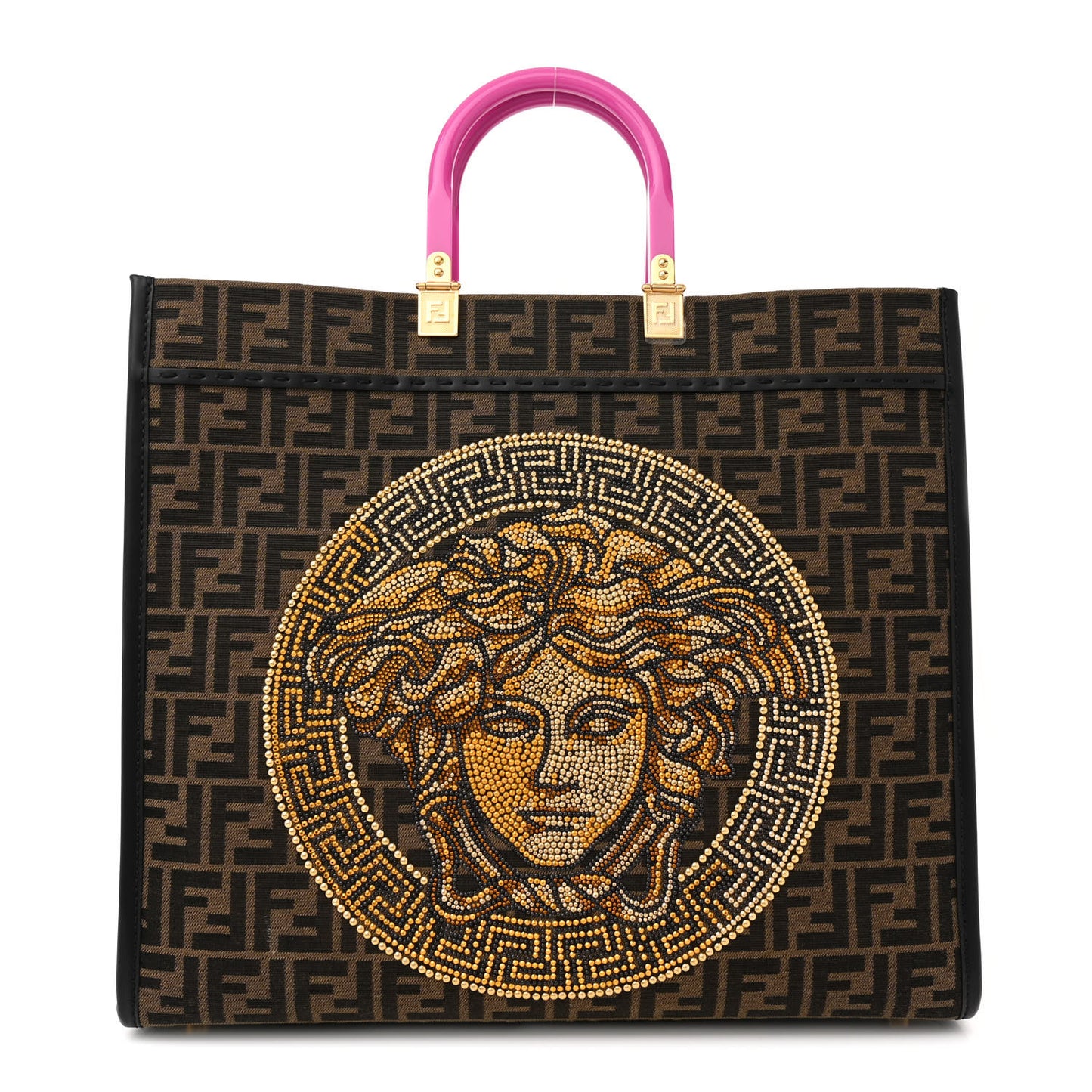 X VERSACE Fabric Jacquard Calfskin Plexiglass Fendace FF Medusa Studded Large Fendi Sunshine Shopper Tote Marrone Fuxia