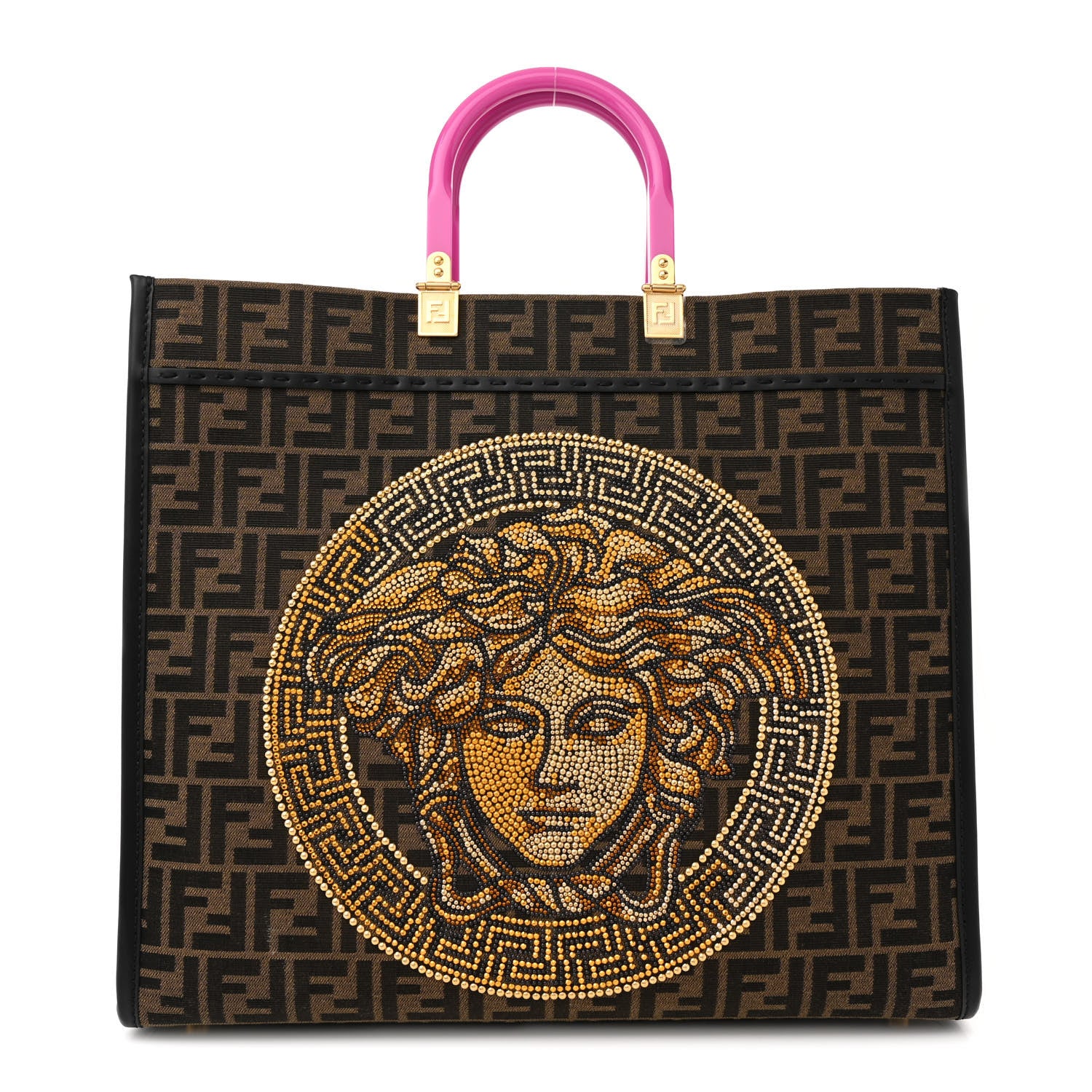 Fendi X VERSACE Fabric Jacquard Calfskin Plexiglass Fendace FF Medusa Studded Large Fendi Sunshine Shopper Tote Marrone Fuxia 1 of 12