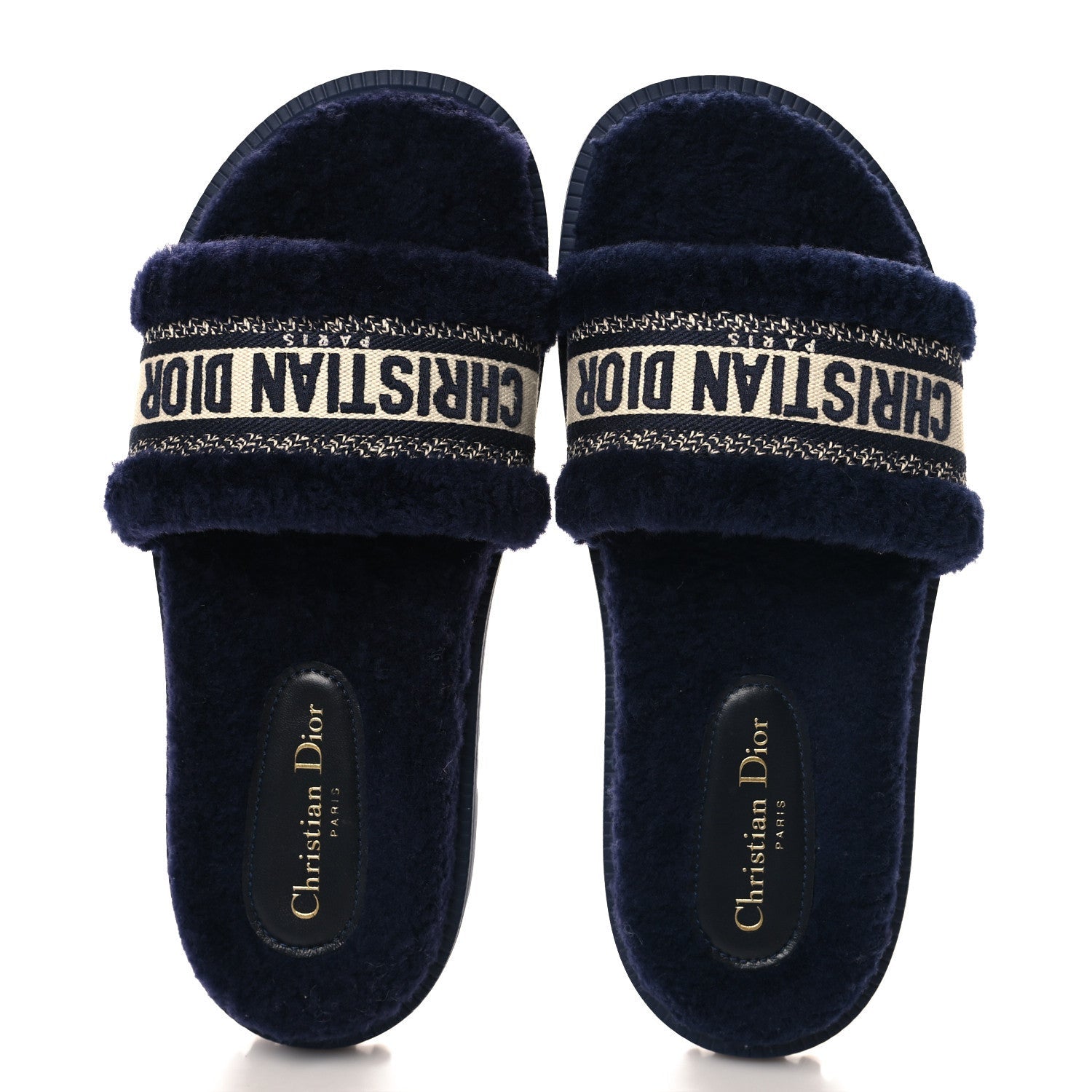 Christian Dior Shearling Canvas Lurex Embroidered Dway 10mm Slide Sandals 41 Navy Natural 2 of 7