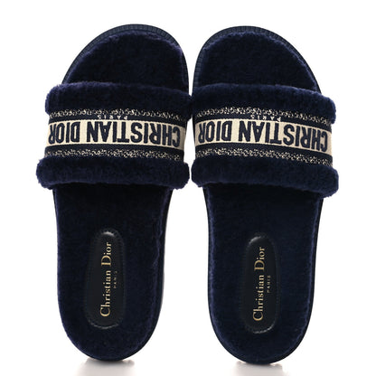 Christian Dior Shearling Canvas Lurex Embroidered Dway 10mm Slide Sandals 41 Navy Natural 2 of 7